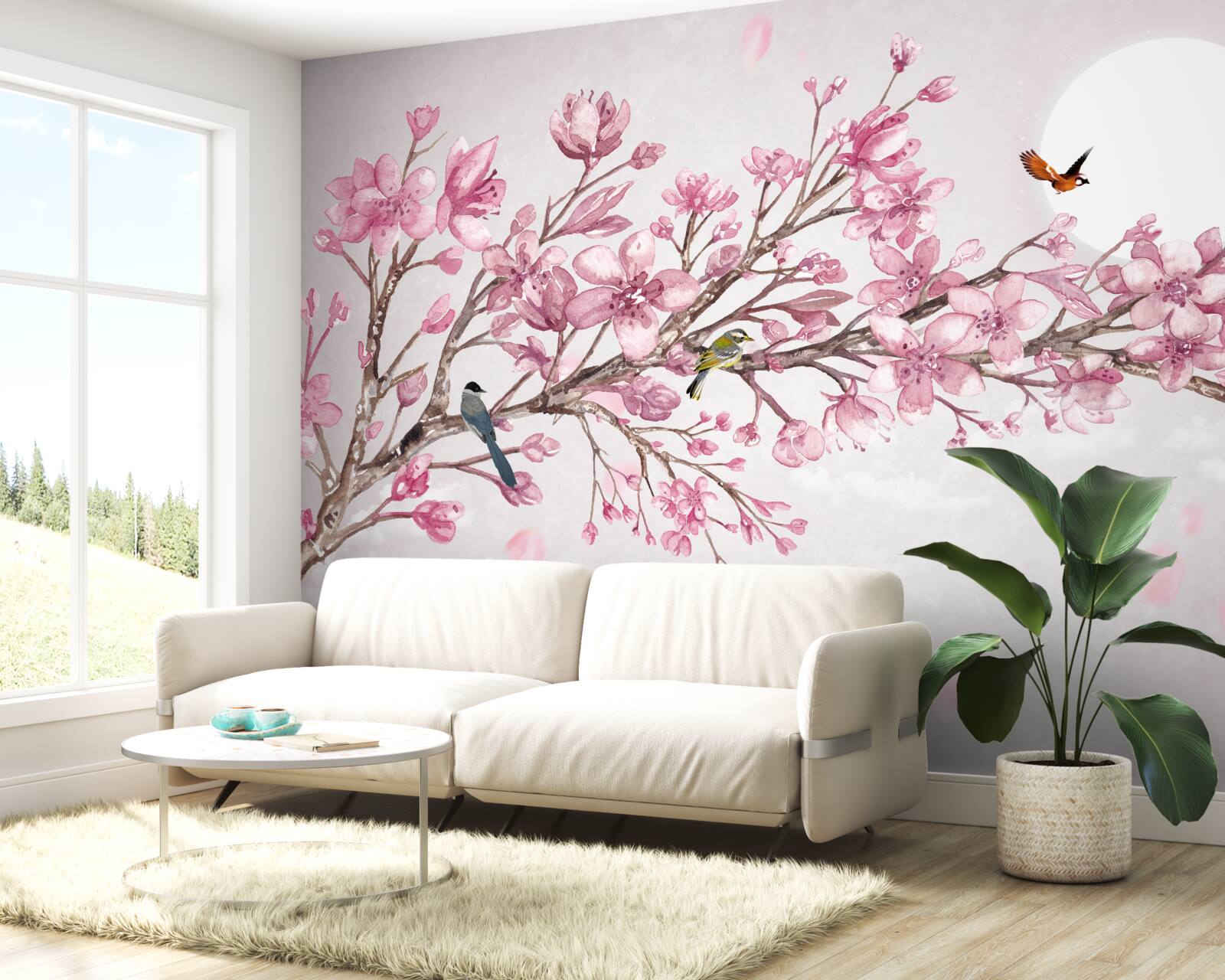 Fotobehang adembenemende roze magnoliaboom op een zonnige dag