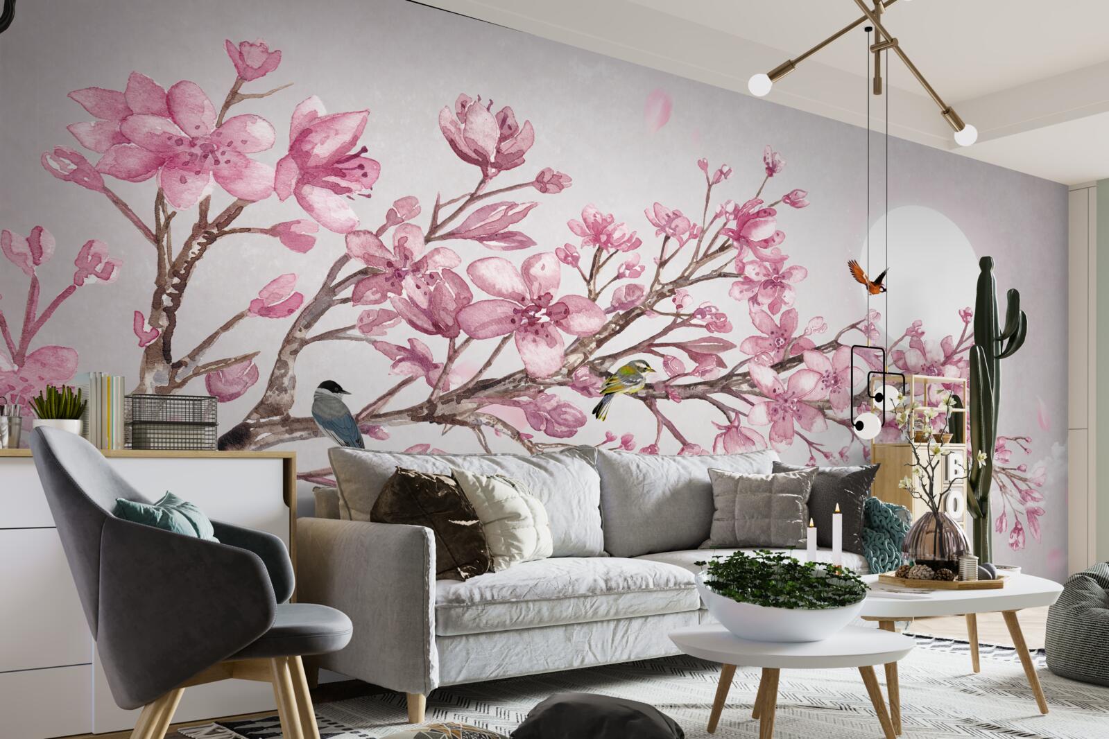 Fotobehang adembenemende roze magnoliaboom op een zonnige dag