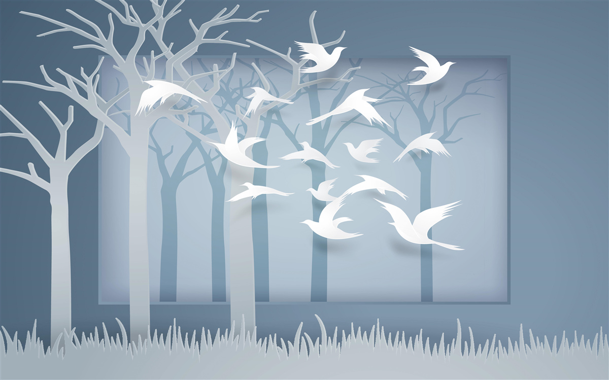 Fotobehang een groep lichte vogels doorkruist de hemel boven het nachtelijke struikgewas