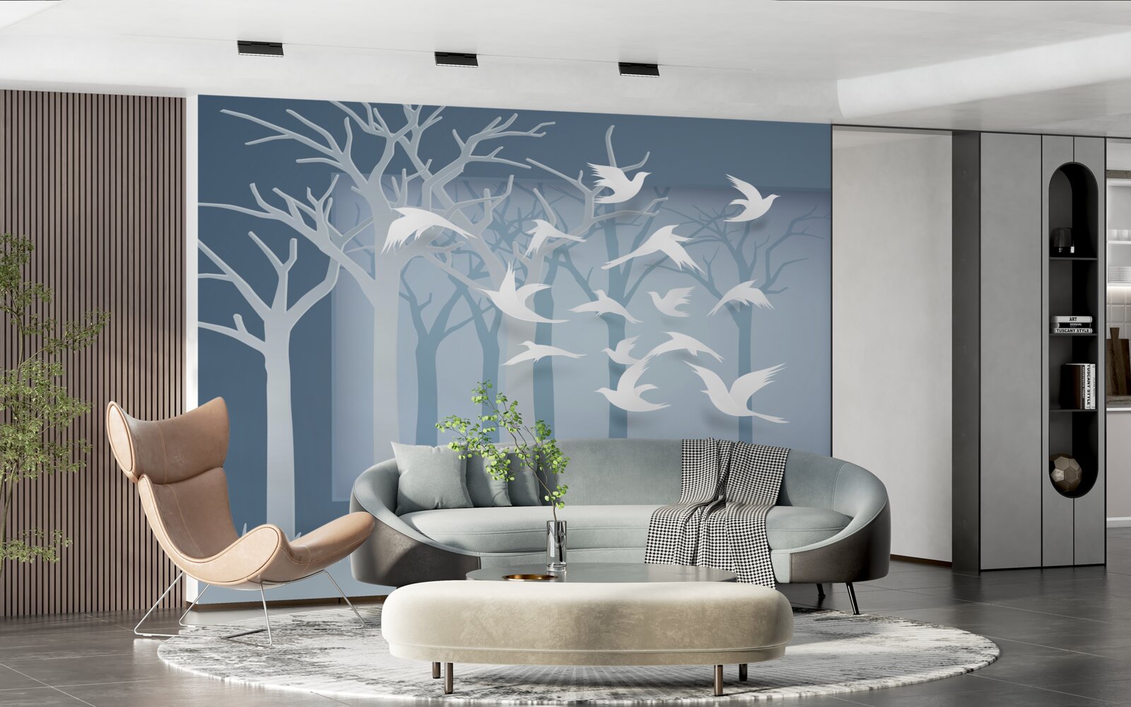 Fotobehang een groep lichte vogels doorkruist de hemel boven het nachtelijke struikgewas