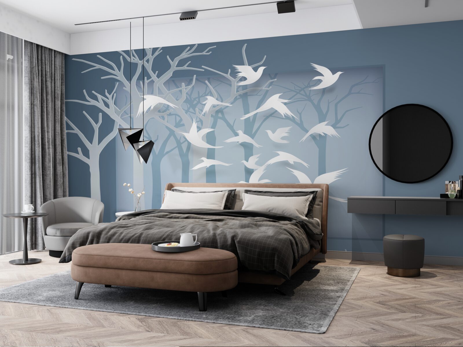 Fotobehang een groep lichte vogels doorkruist de hemel boven het nachtelijke struikgewas