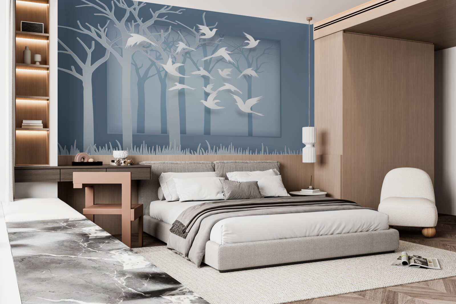 Fotobehang een groep lichte vogels doorkruist de hemel boven het nachtelijke struikgewas