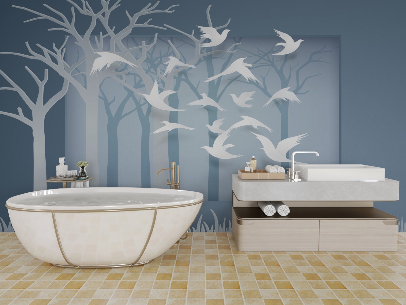 Fotobehang een groep lichte vogels doorkruist de hemel boven het nachtelijke struikgewas