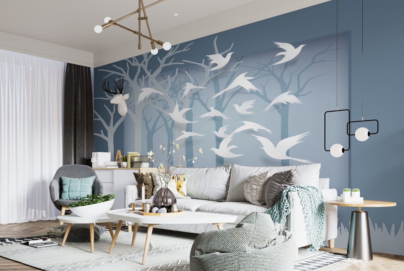 Fotobehang een groep lichte vogels doorkruist de hemel boven het nachtelijke struikgewas