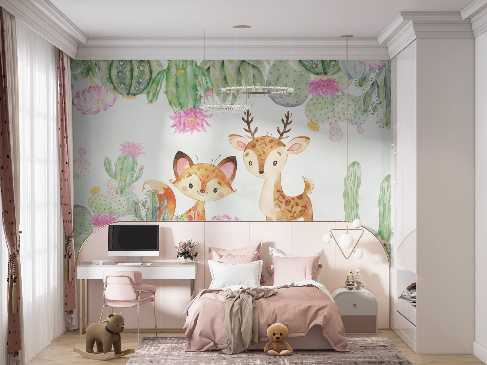 Fotobehang kleine vos en jong hert