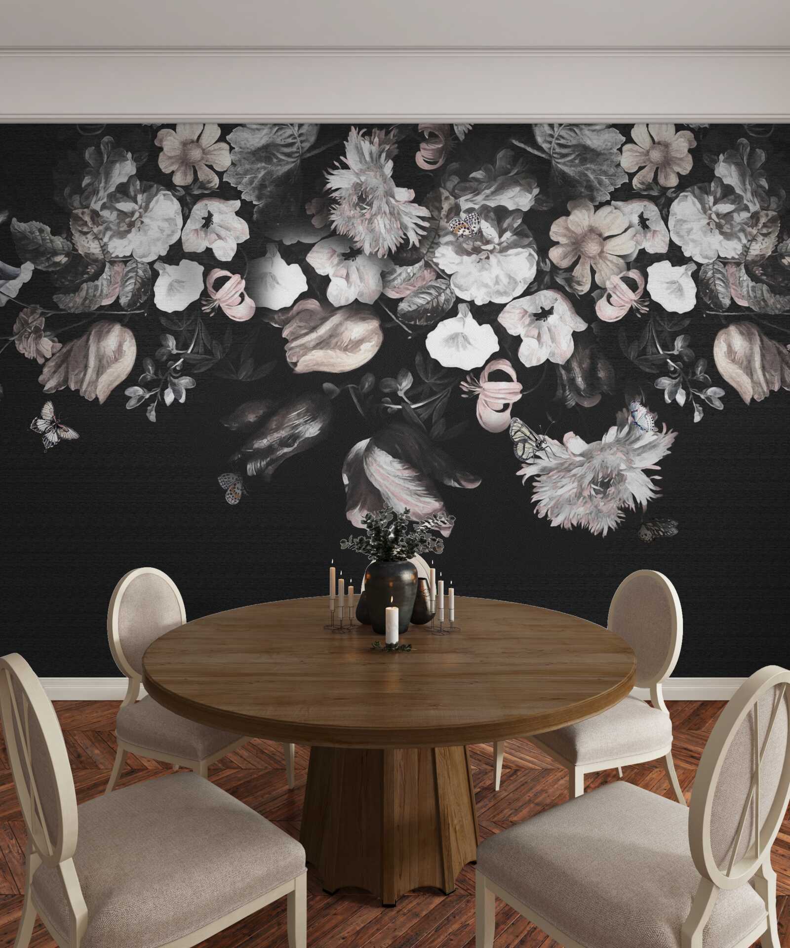 Fotobehang witte bloemknoppen op donkere achtergrond