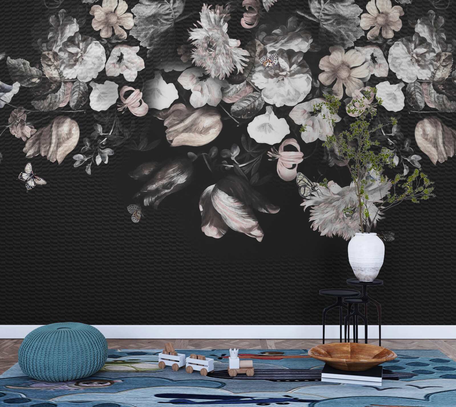 Fotobehang witte bloemknoppen op donkere achtergrond