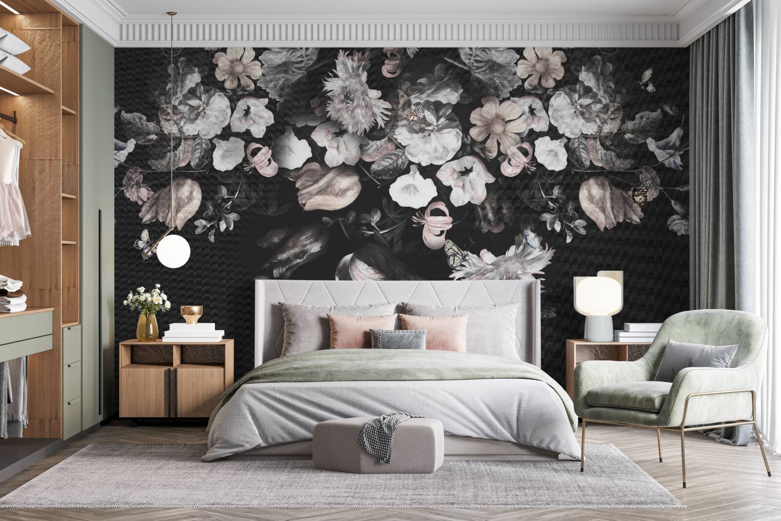 Fotobehang witte bloemknoppen op donkere achtergrond