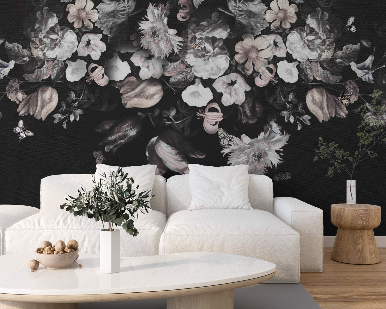 Fotobehang witte bloemknoppen op donkere achtergrond