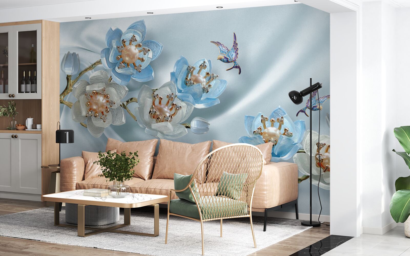 Fotobehang magnolia tak versierd met parels en goud op een zijden achtergrond