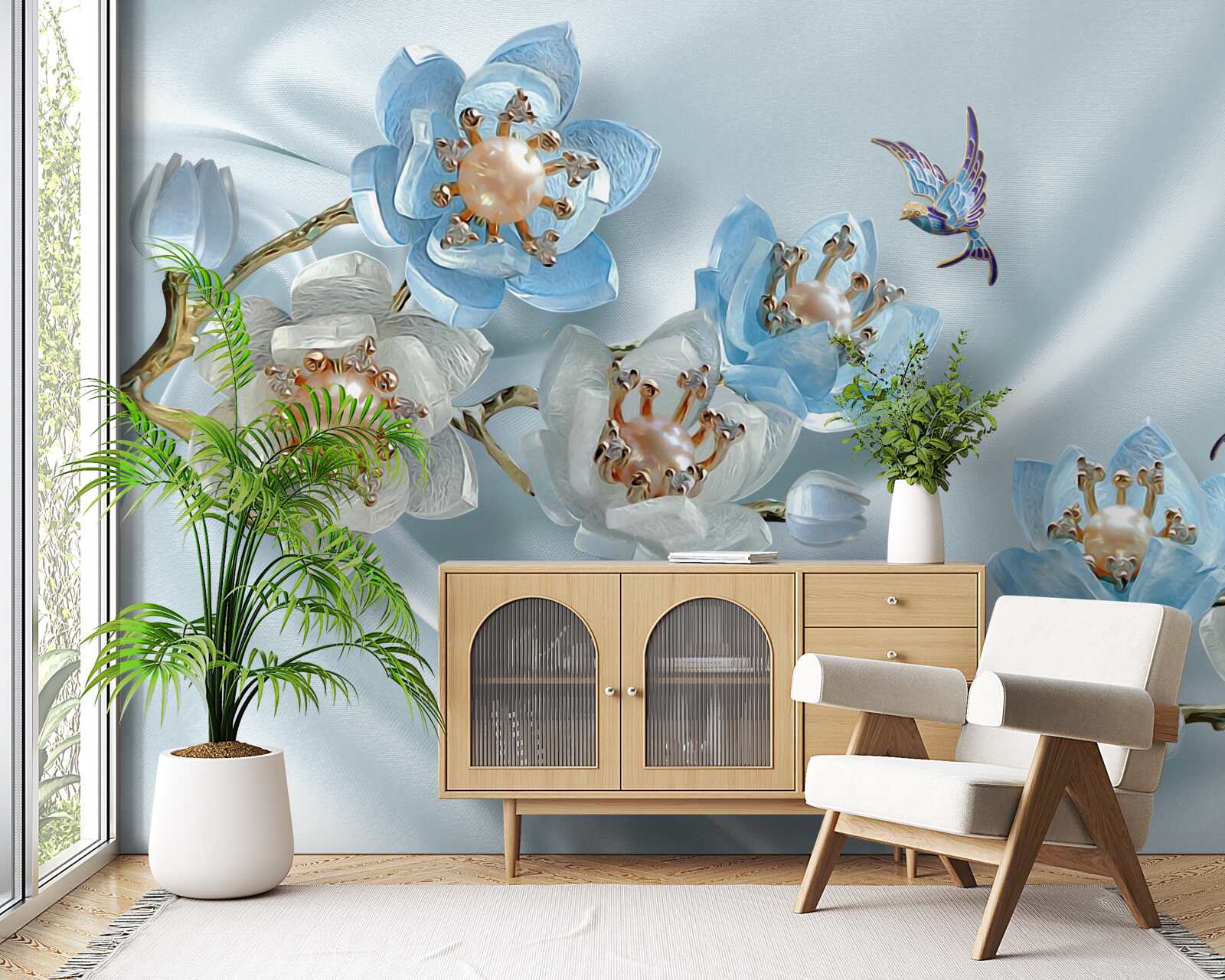 Fotobehang magnolia tak versierd met parels en goud op een zijden achtergrond