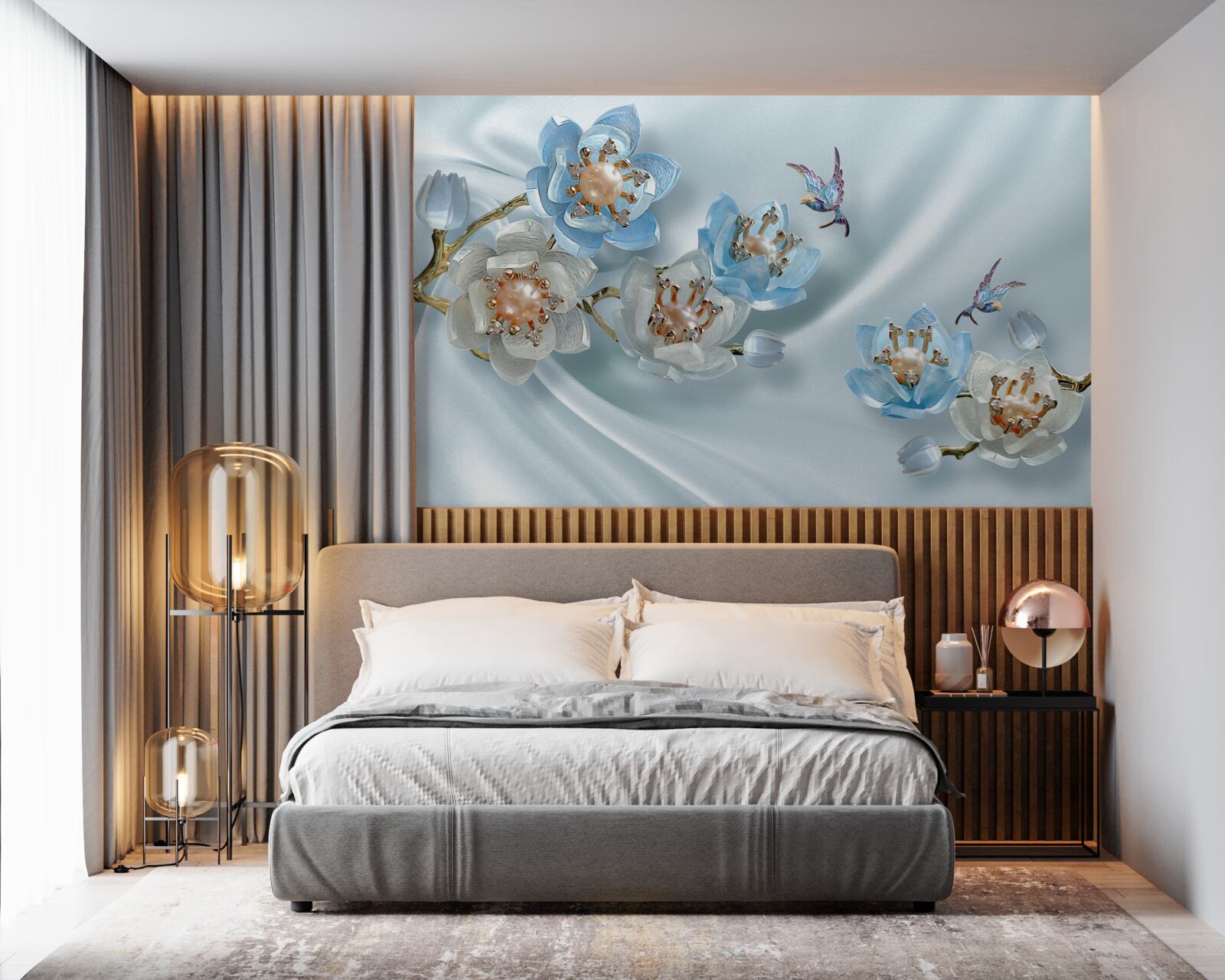 Fotobehang magnolia tak versierd met parels en goud op een zijden achtergrond