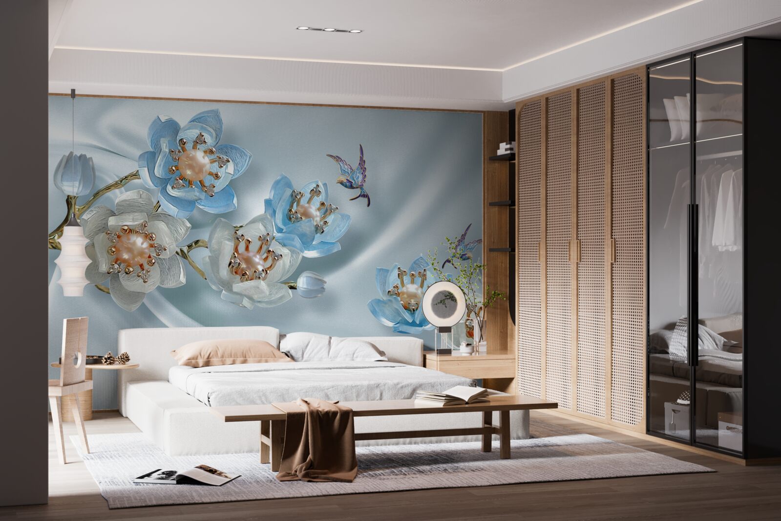 Fotobehang magnolia tak versierd met parels en goud op een zijden achtergrond