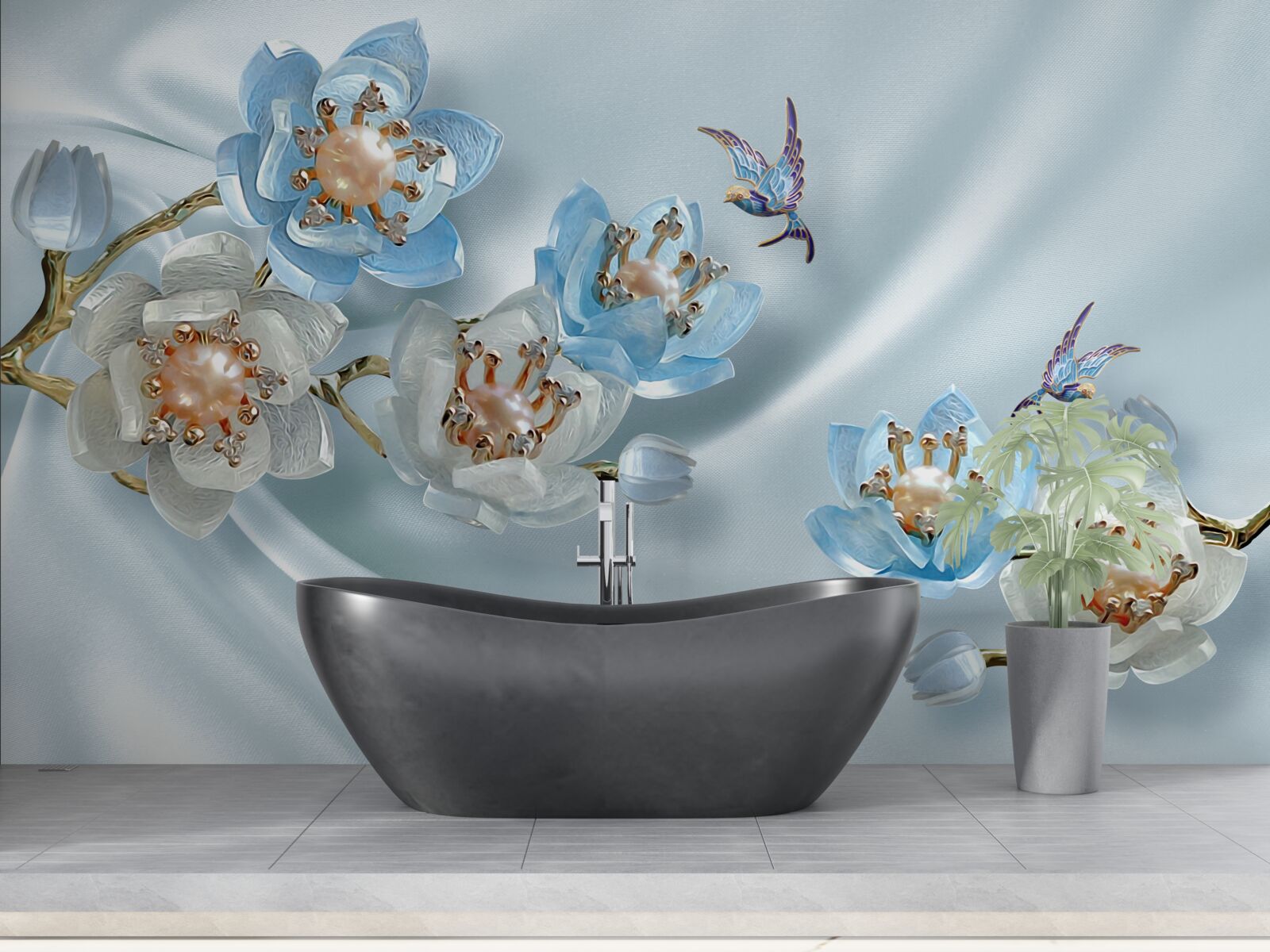 Fotobehang magnolia tak versierd met parels en goud op een zijden achtergrond