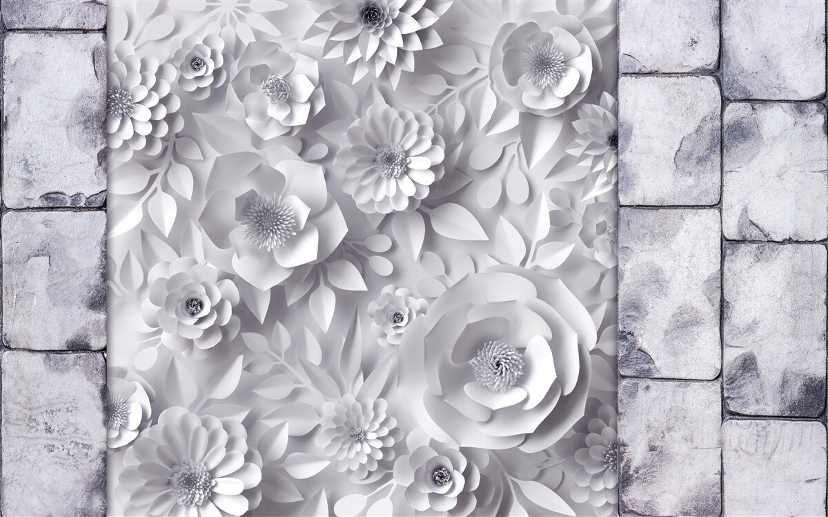 Fotobehang veelkleurige, driedimensionale bloemen op een bakstenen achtergrond