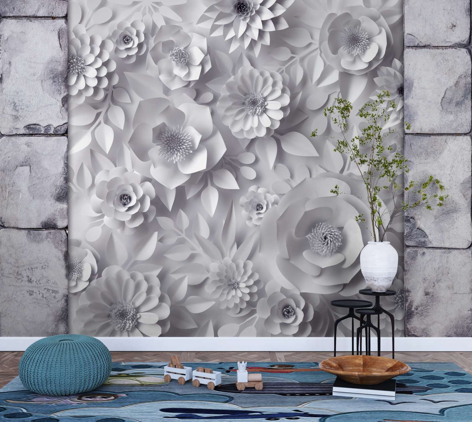 Fotobehang veelkleurige, driedimensionale bloemen op een bakstenen achtergrond