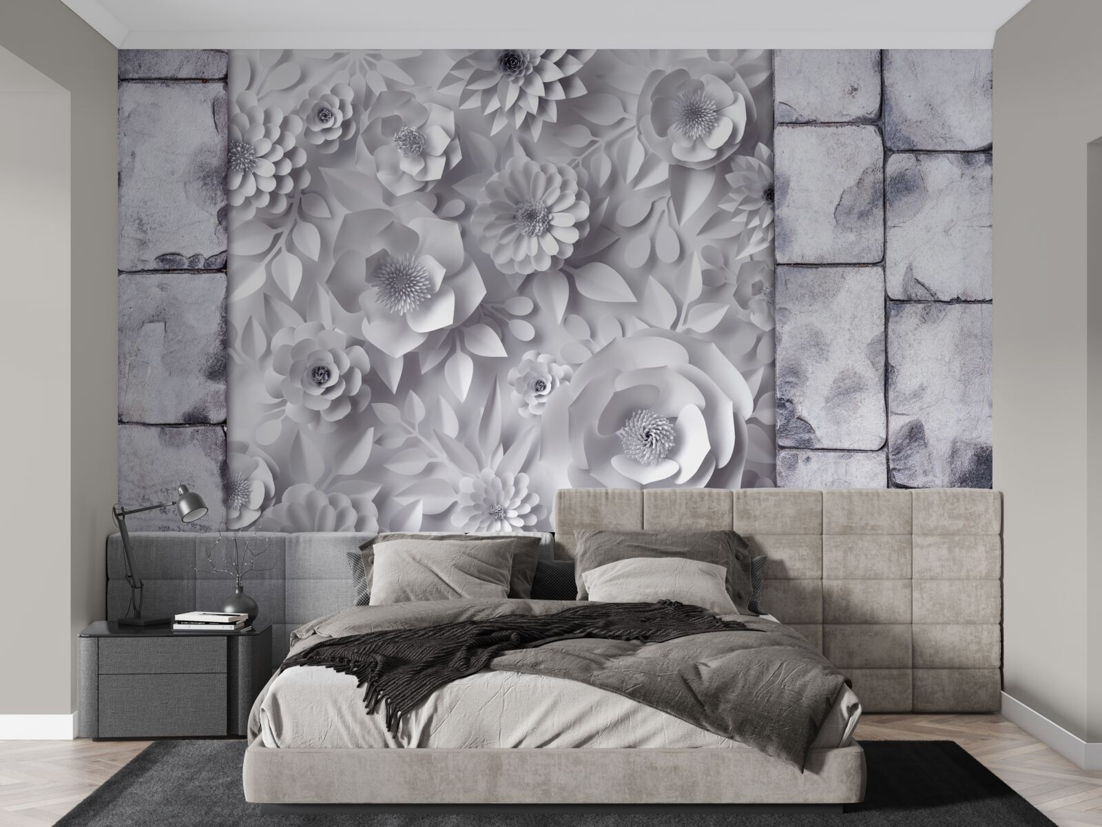 Fotobehang veelkleurige, driedimensionale bloemen op een bakstenen achtergrond