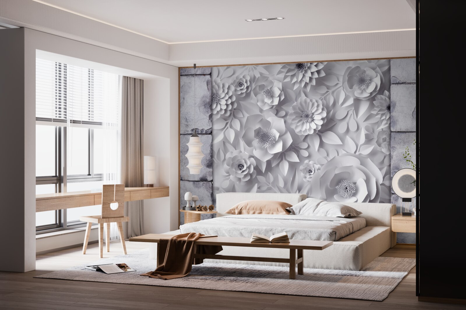 Fotobehang veelkleurige, driedimensionale bloemen op een bakstenen achtergrond