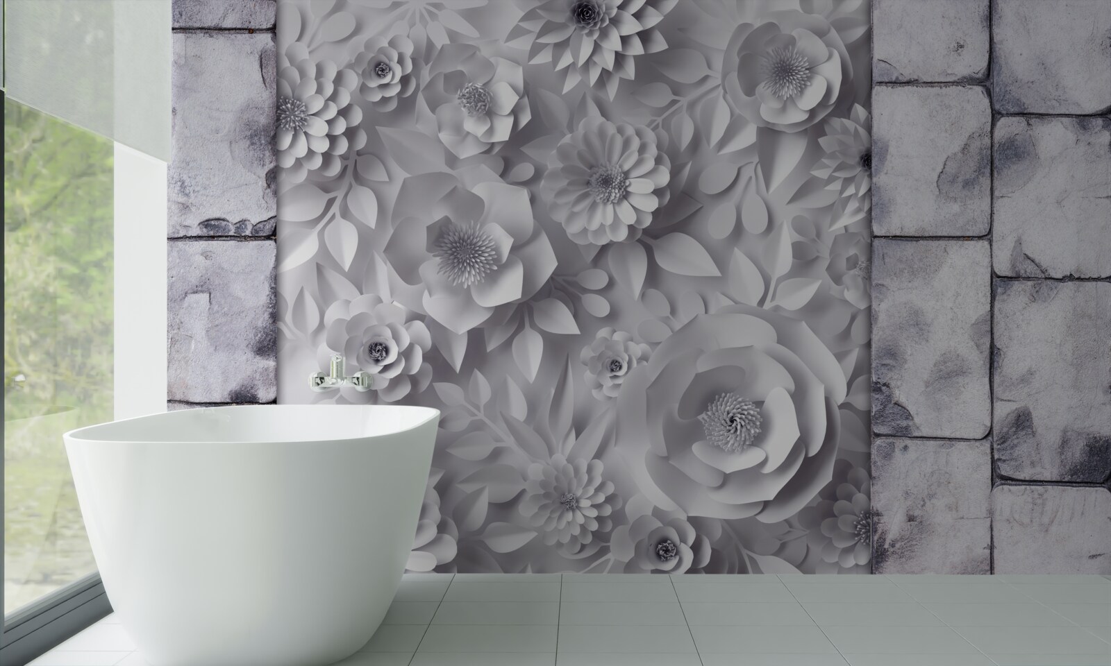 Fotobehang veelkleurige, driedimensionale bloemen op een bakstenen achtergrond