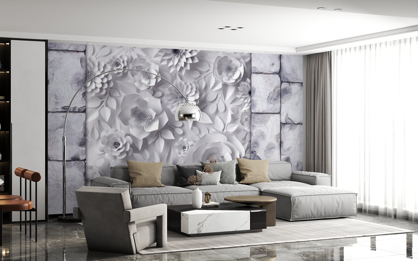 Fotobehang veelkleurige, driedimensionale bloemen op een bakstenen achtergrond