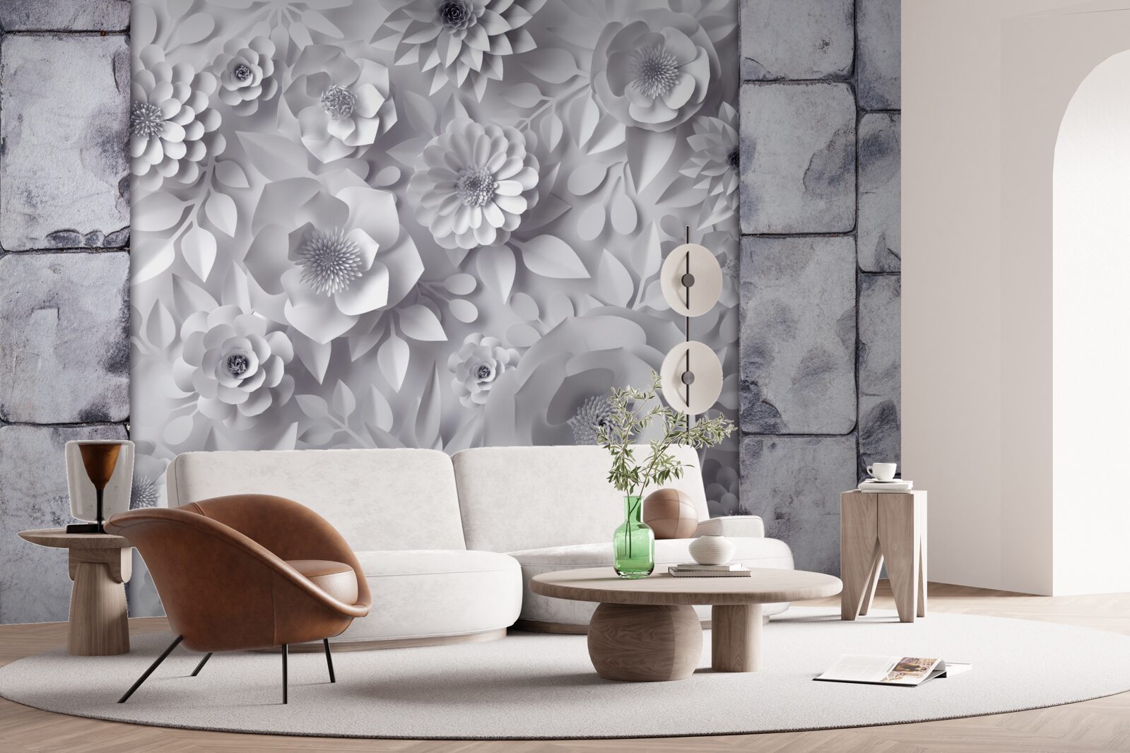 Fotobehang veelkleurige, driedimensionale bloemen op een bakstenen achtergrond