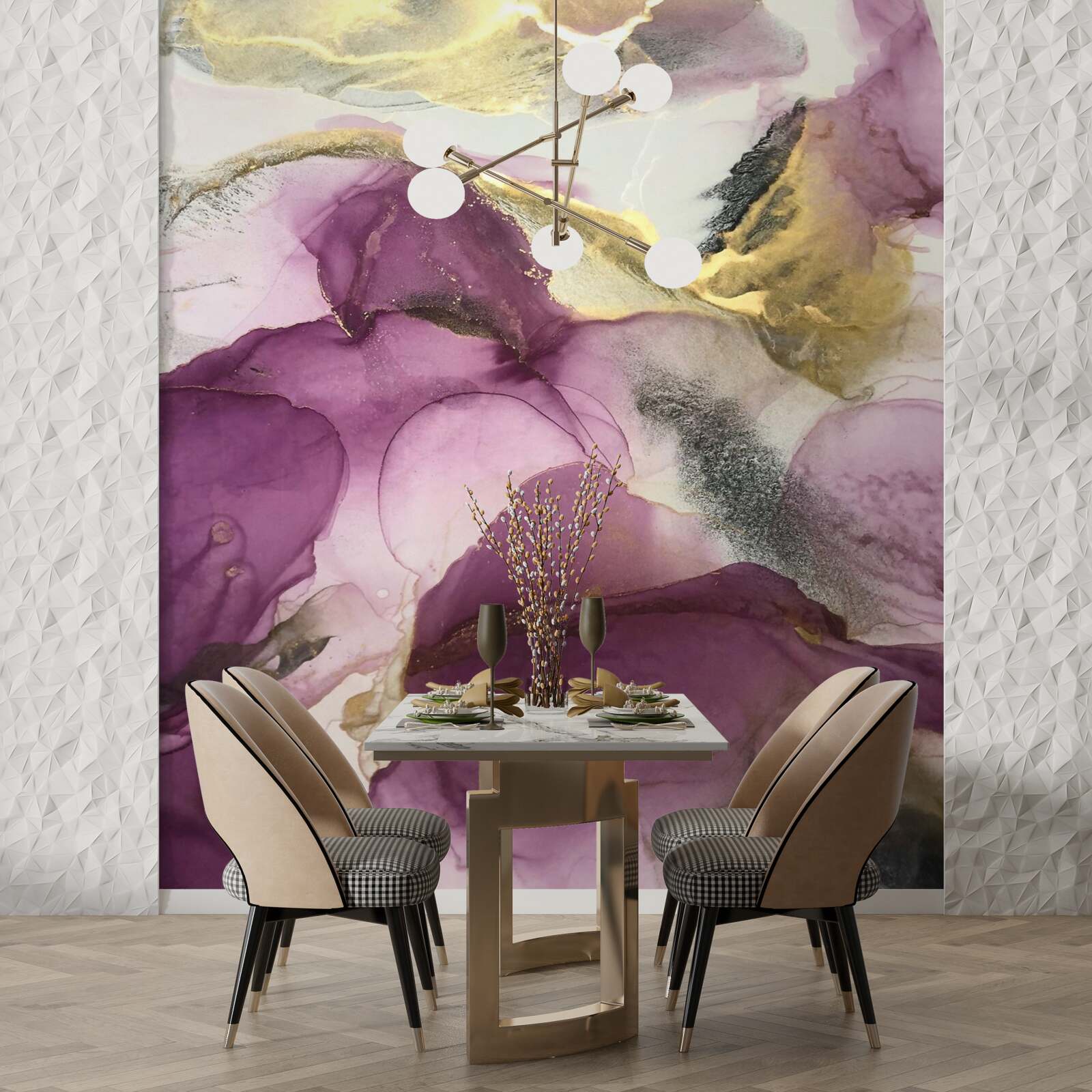 Fotobehang abstract in de vorm van vogels op paarse bladeren