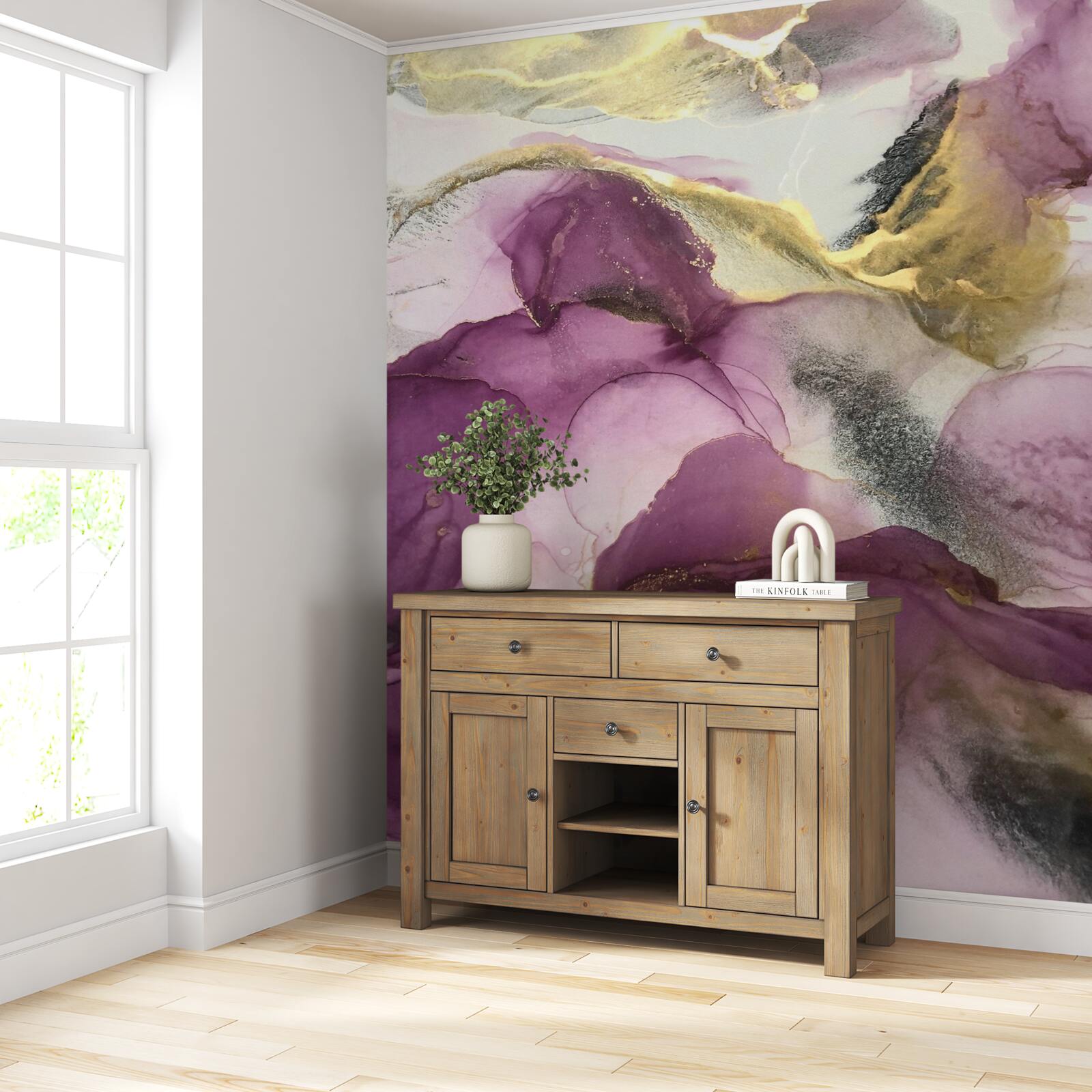 Fotobehang abstract in de vorm van vogels op paarse bladeren