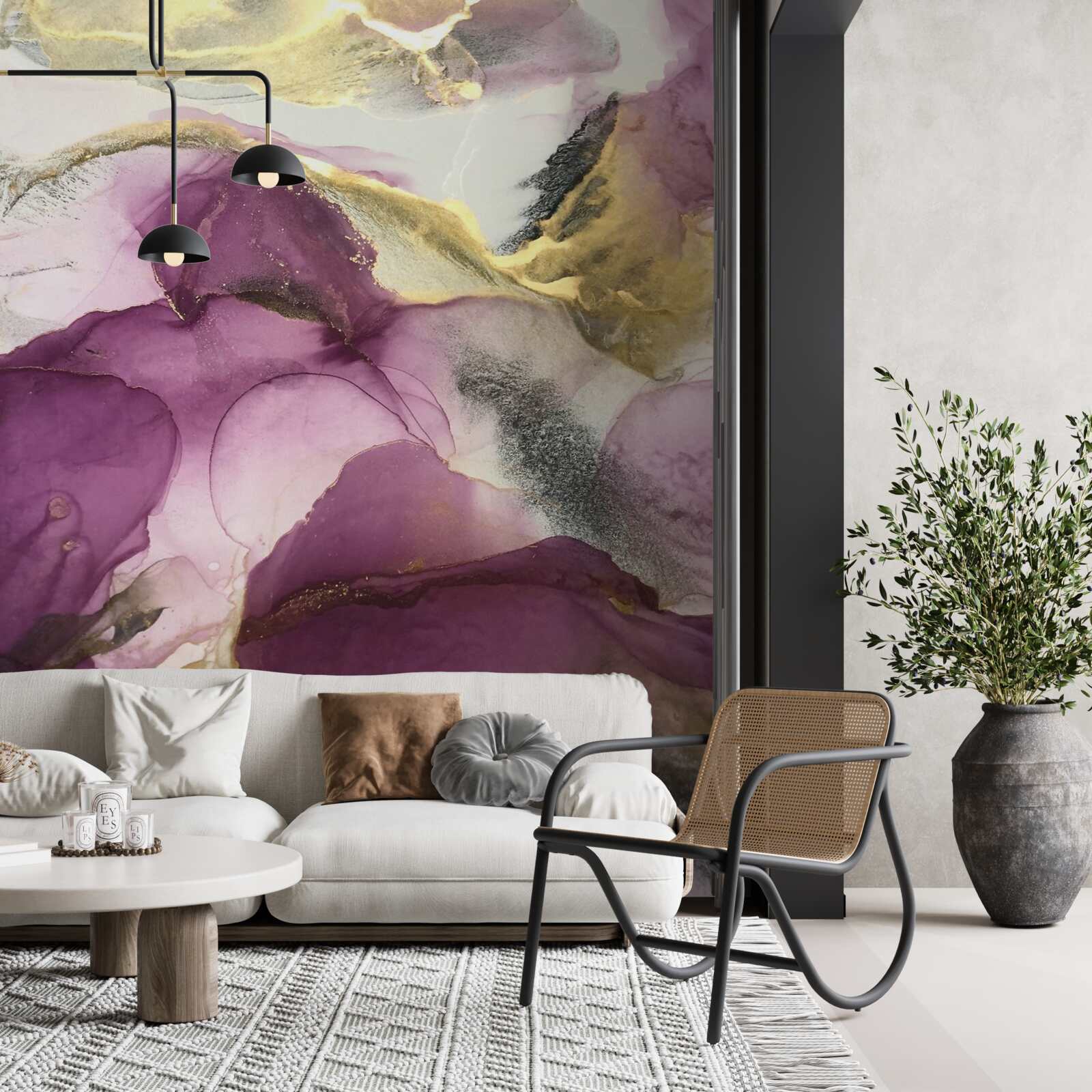 Fotobehang abstract in de vorm van vogels op paarse bladeren