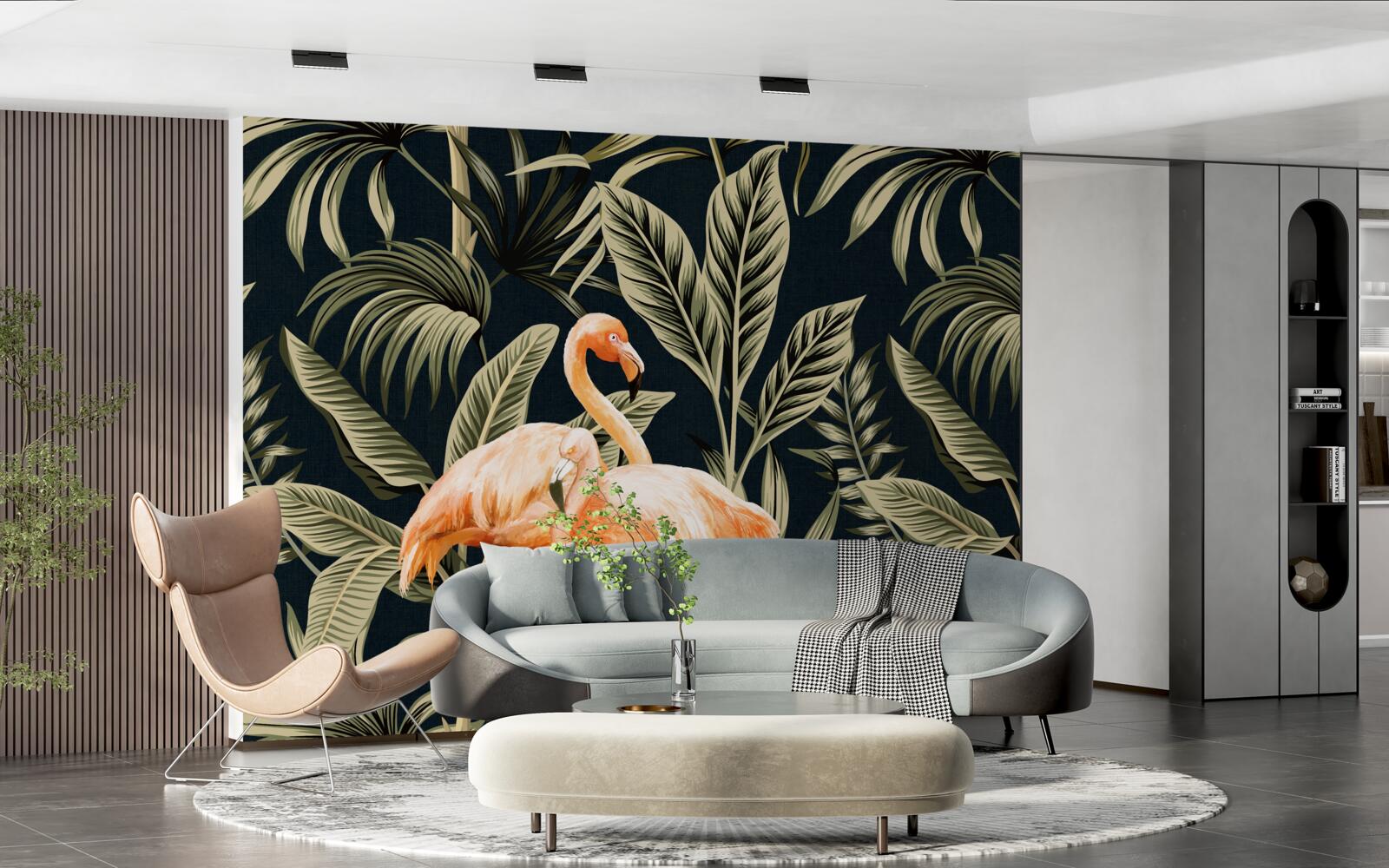 Fotobehang roze flamingo's maken een wandeling in het bos