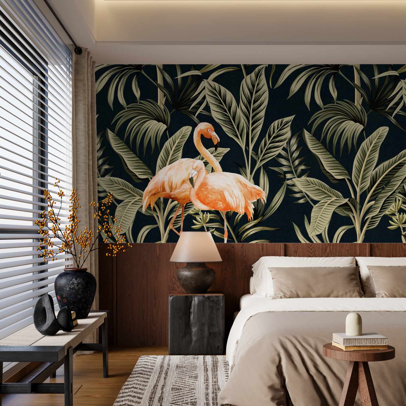 Fotobehang roze flamingo's maken een wandeling in het bos