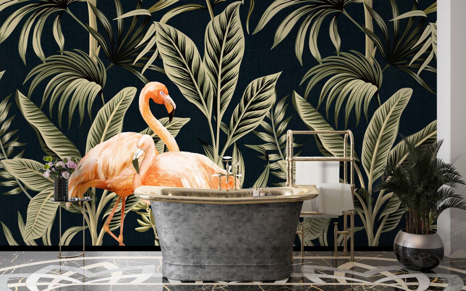 Fotobehang roze flamingo's maken een wandeling in het bos