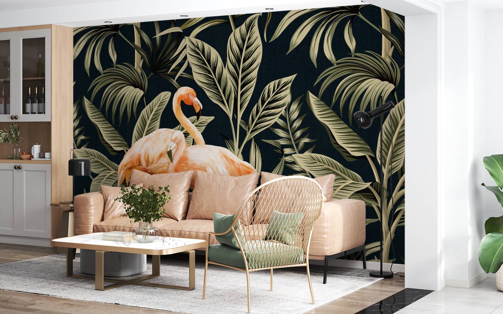 Fotobehang roze flamingo's maken een wandeling in het bos