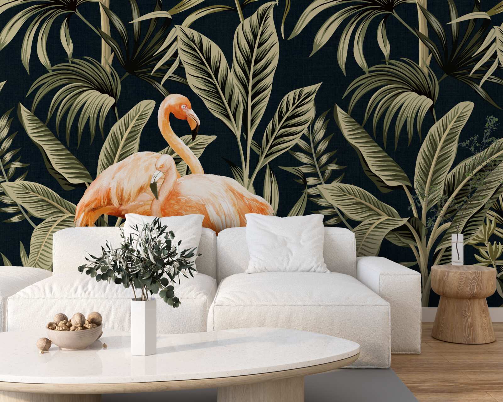 Fotobehang roze flamingo's maken een wandeling in het bos