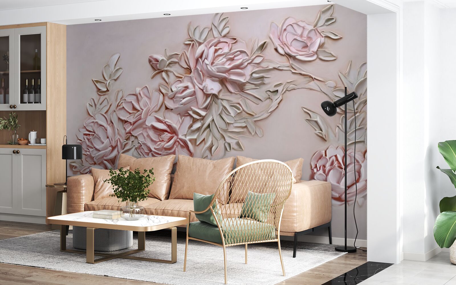 Fotobehang groene bladeren aan een tak met roze bloemen