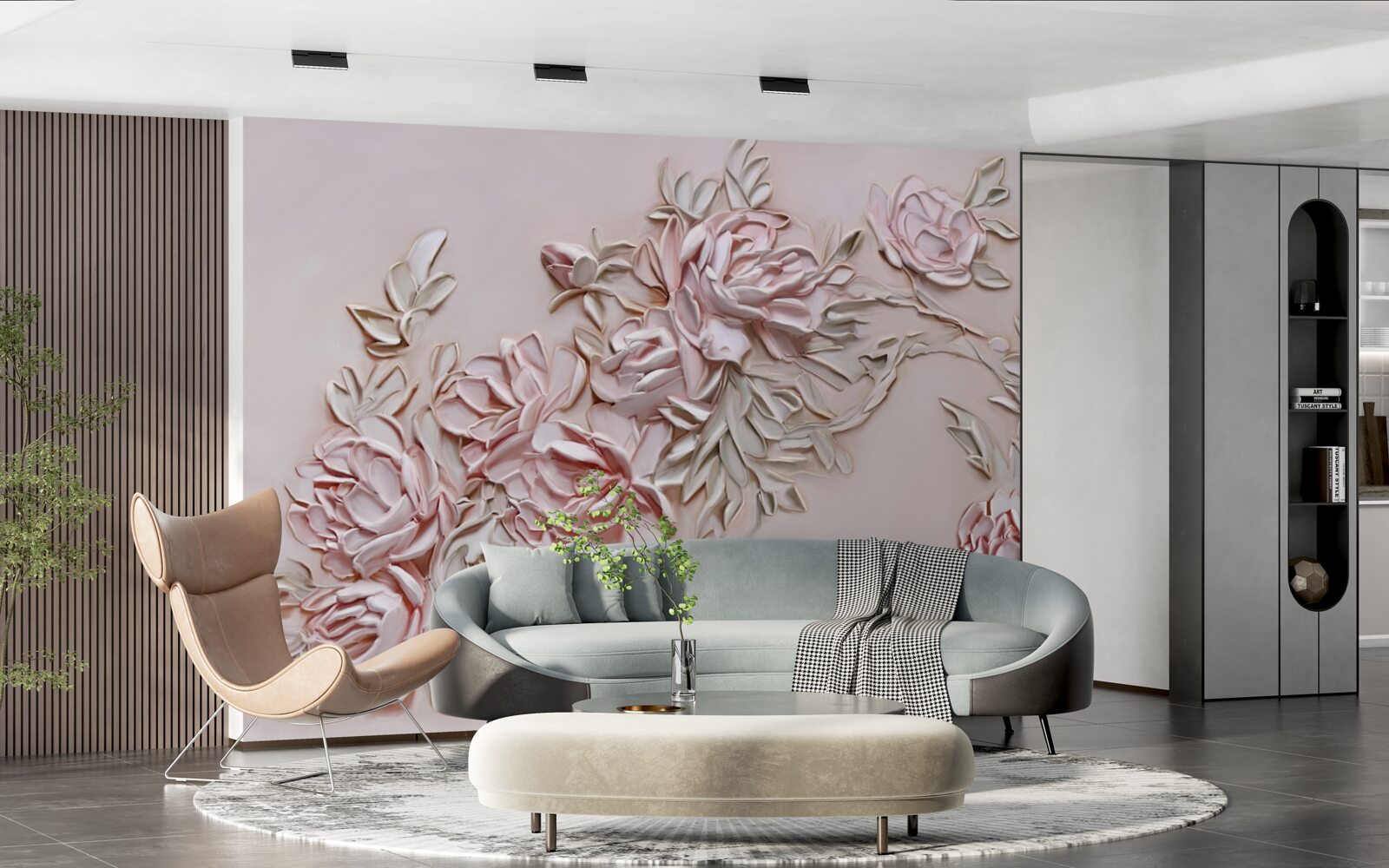 Fotobehang groene bladeren aan een tak met roze bloemen