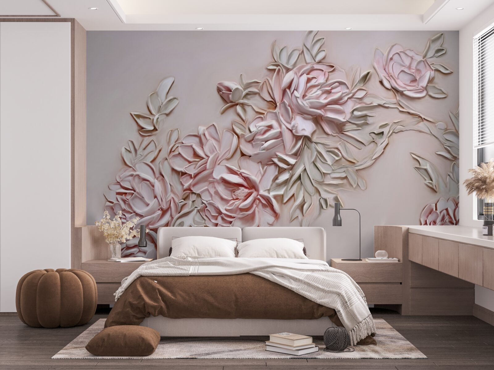 Fotobehang groene bladeren aan een tak met roze bloemen