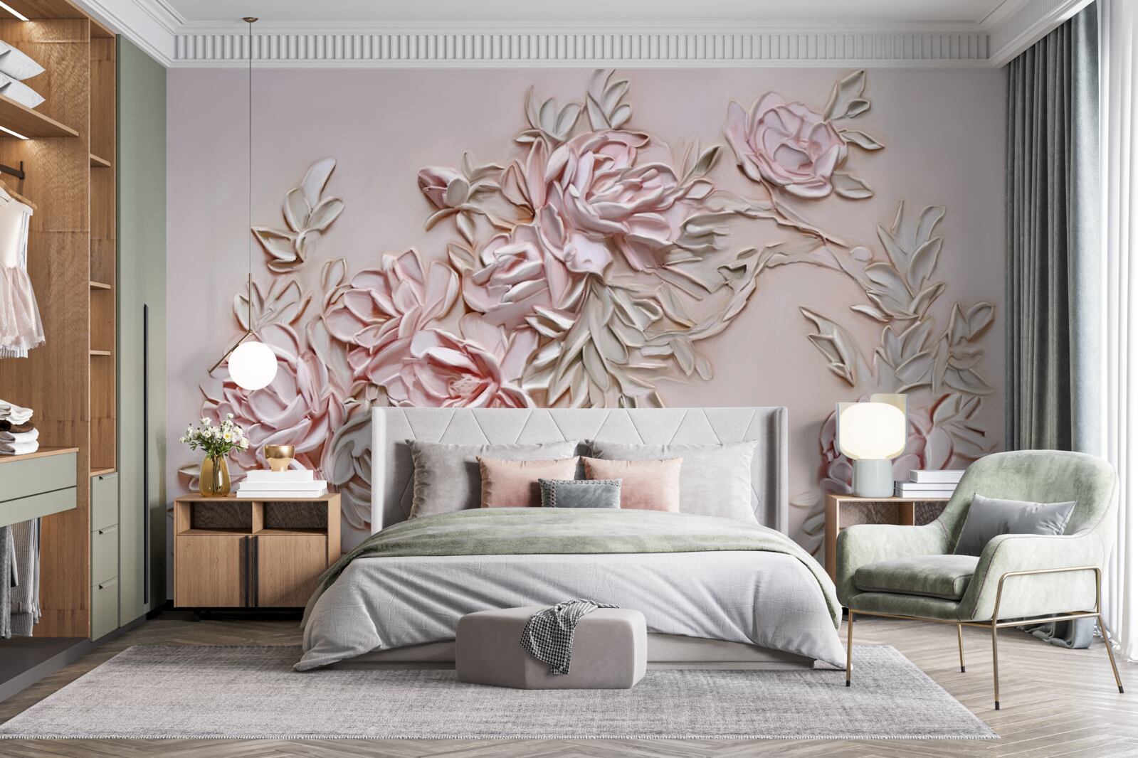 Fotobehang groene bladeren aan een tak met roze bloemen