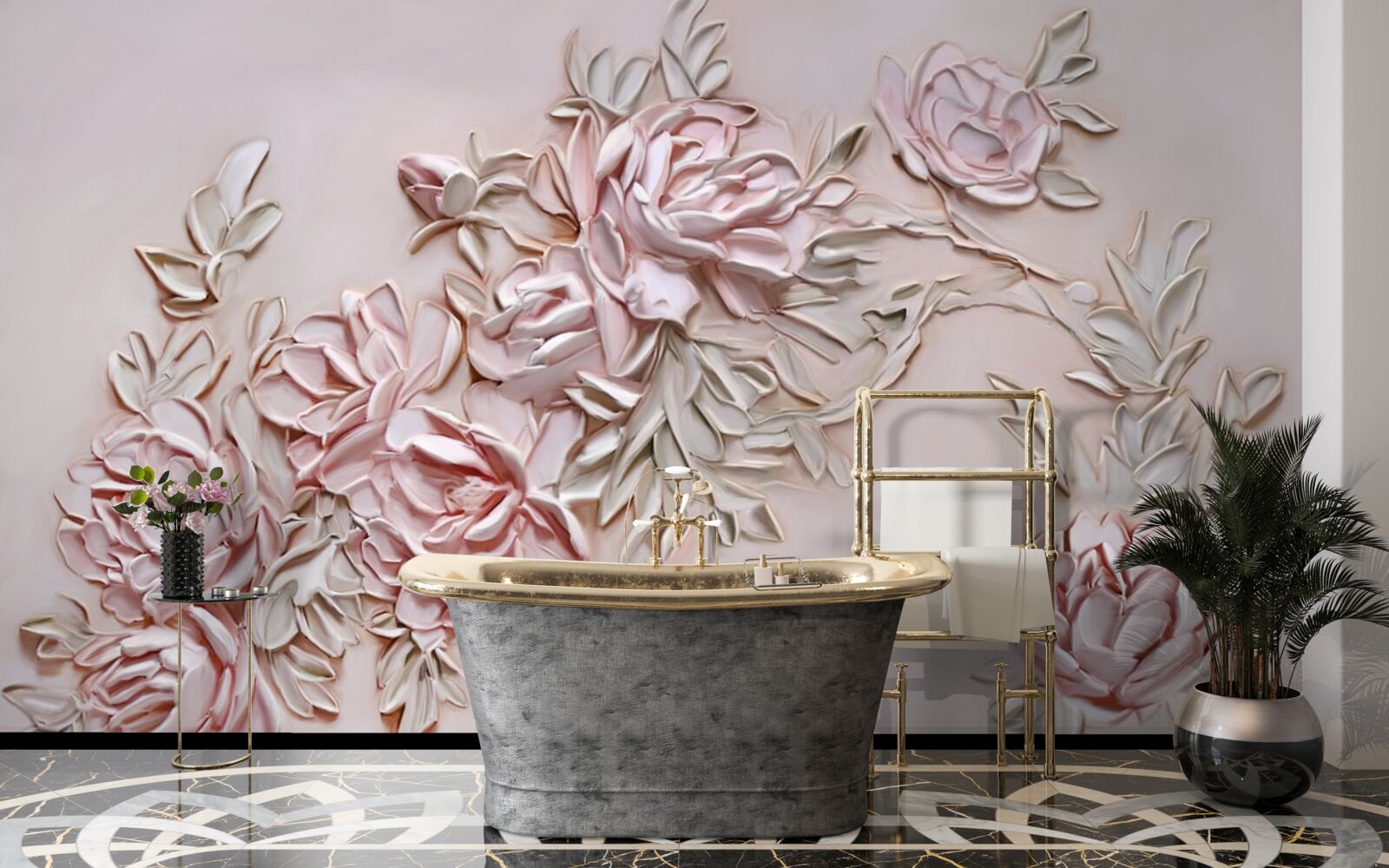 Fotobehang groene bladeren aan een tak met roze bloemen