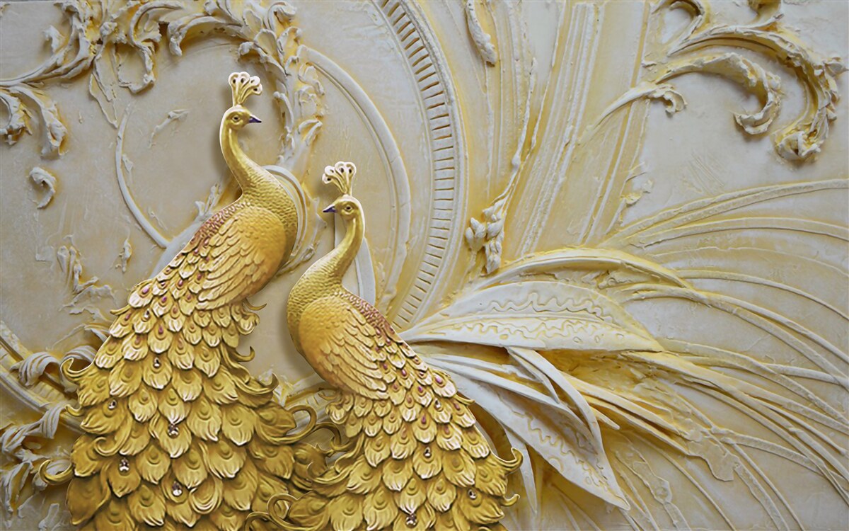 Fotobehang volumetrisch paar gouden pauwen