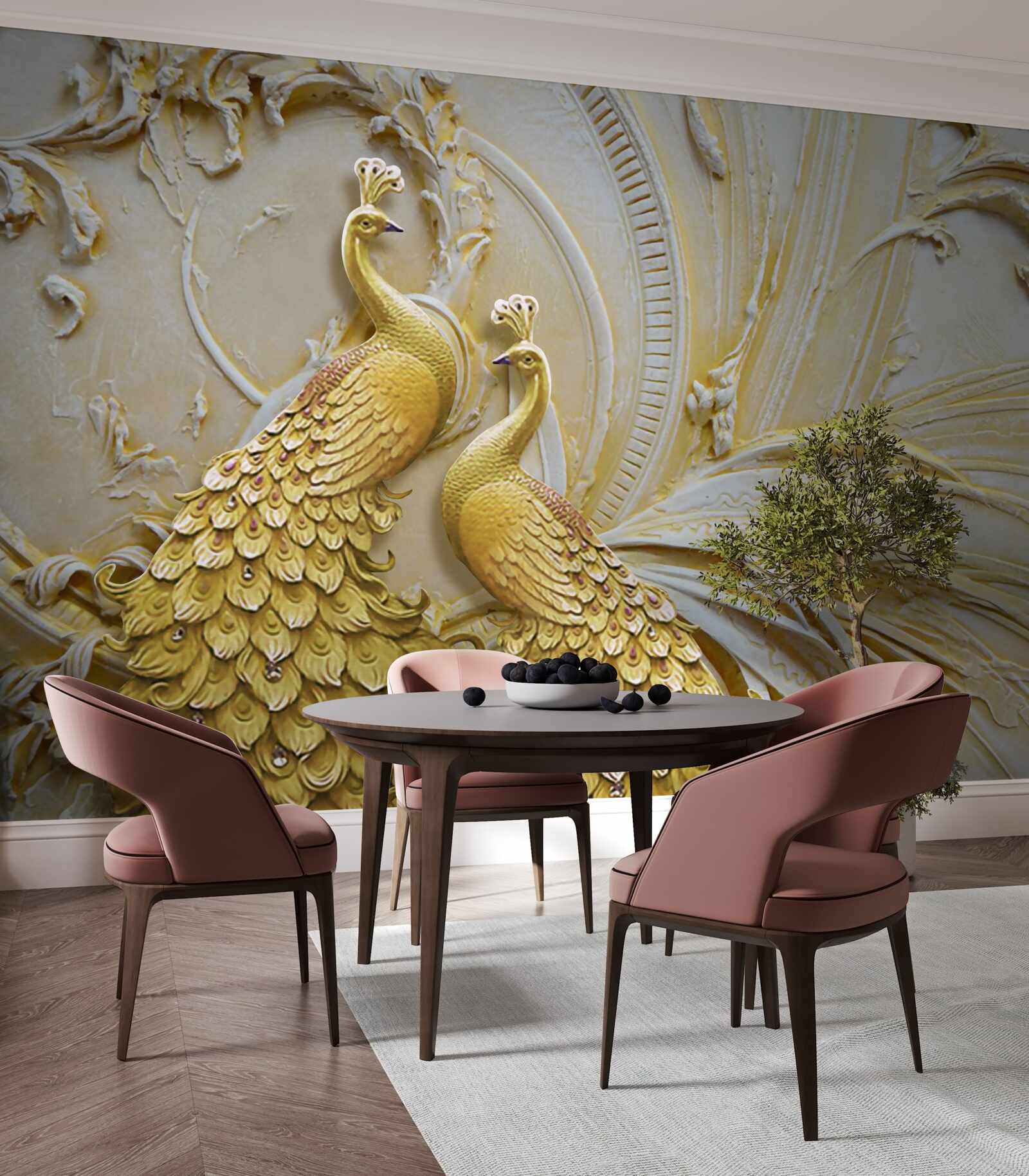 Fotobehang volumetrisch paar gouden pauwen