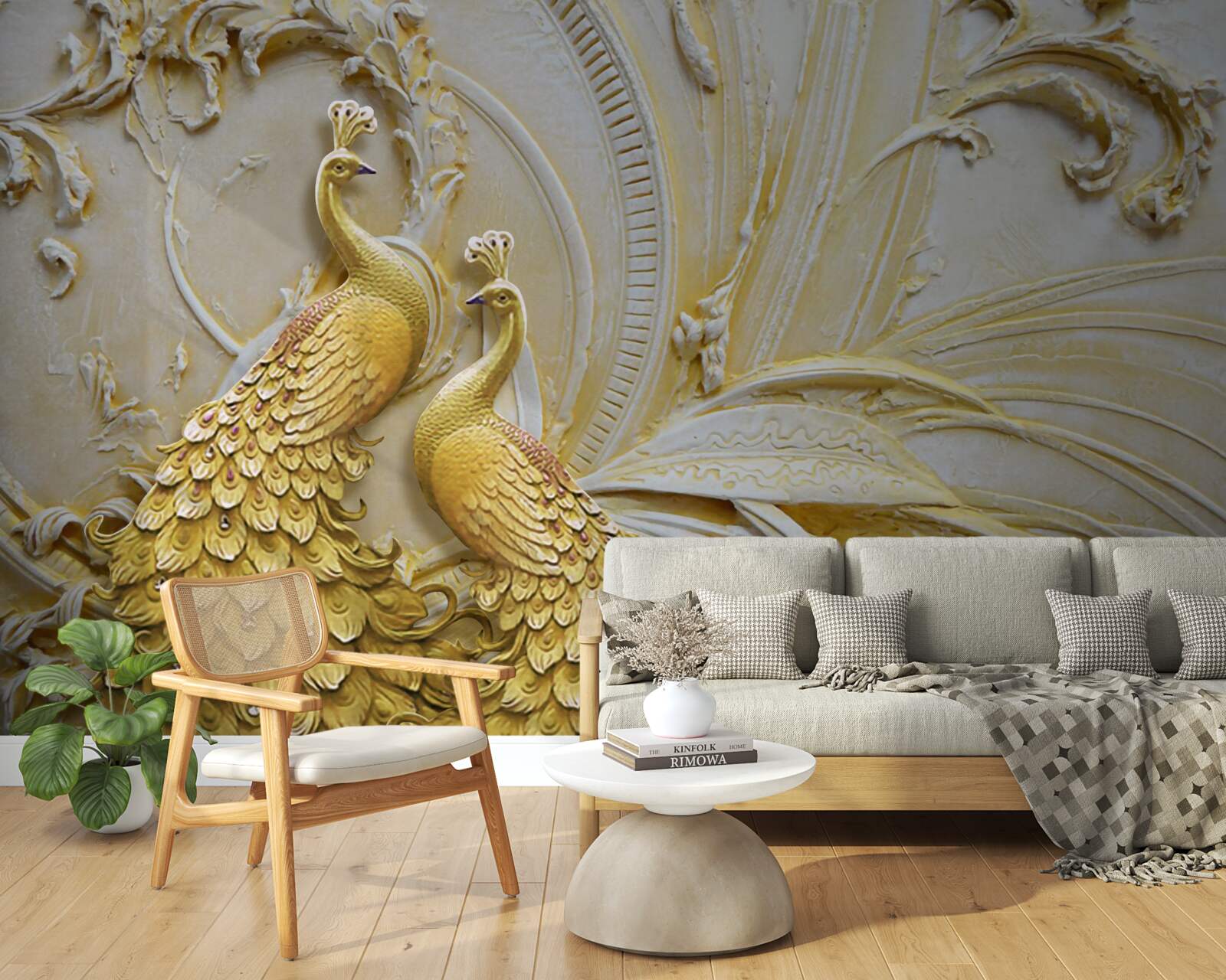 Fotobehang volumetrisch paar gouden pauwen