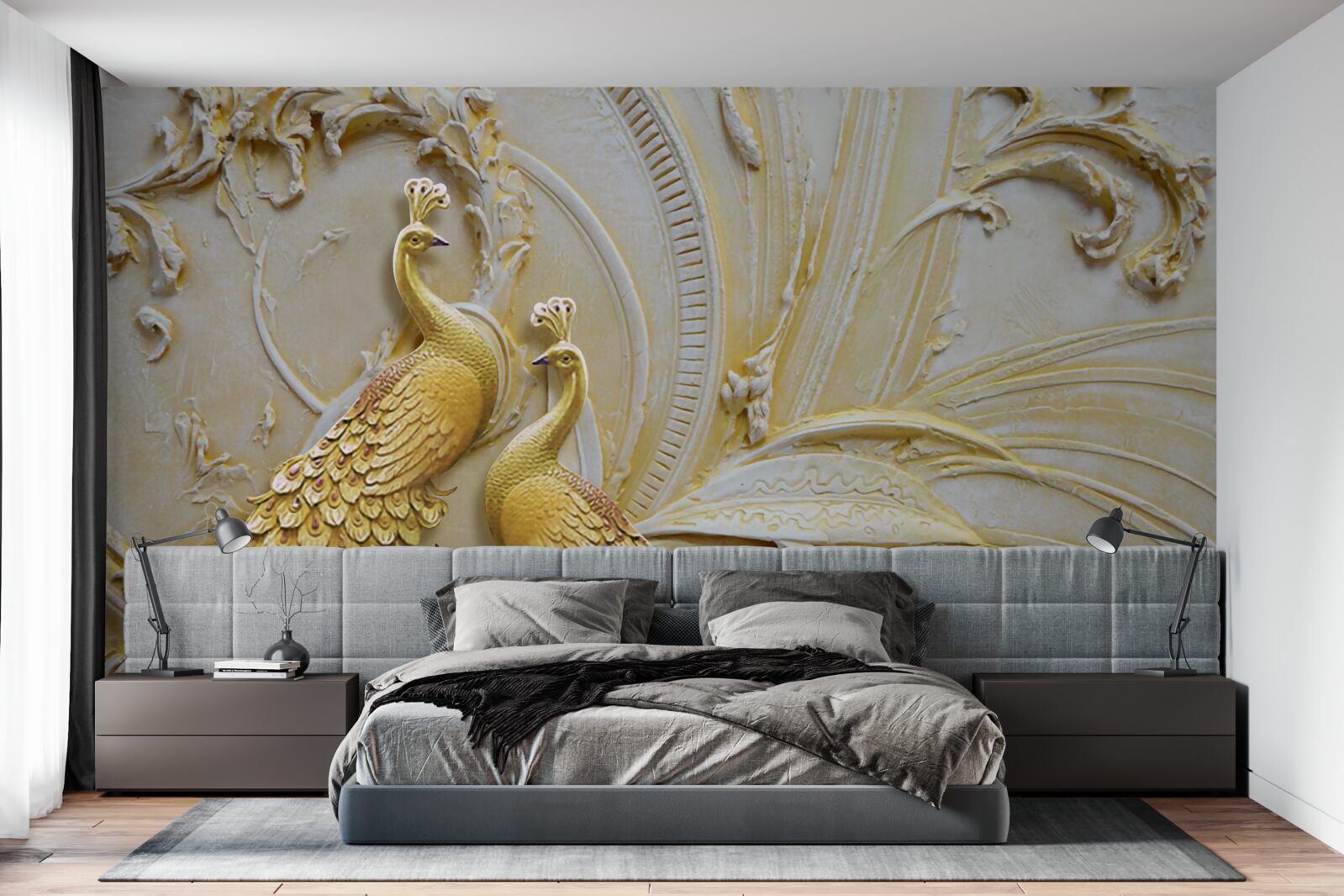 Fotobehang volumetrisch paar gouden pauwen