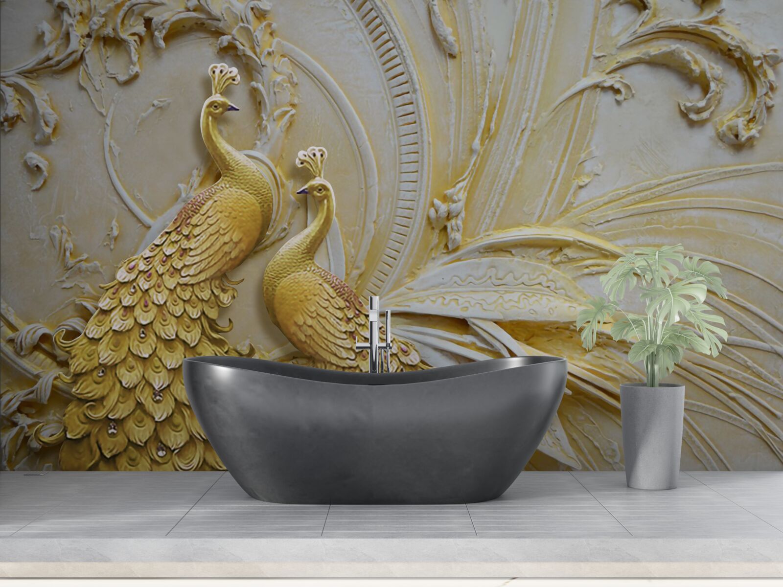 Fotobehang volumetrisch paar gouden pauwen
