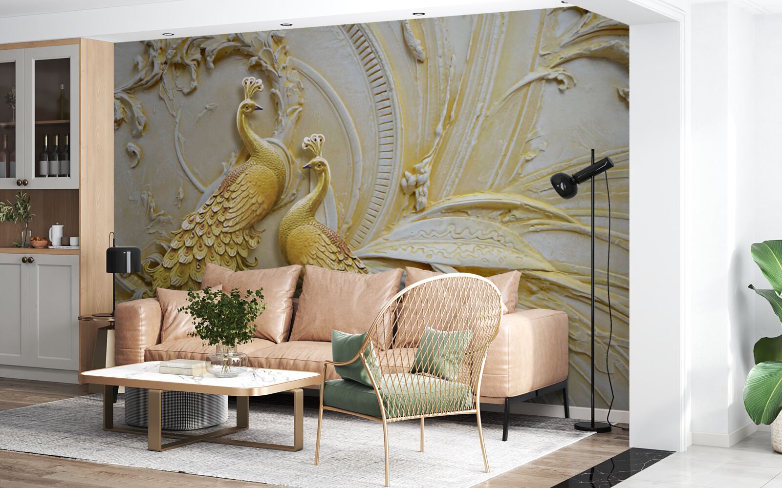 Fotobehang volumetrisch paar gouden pauwen