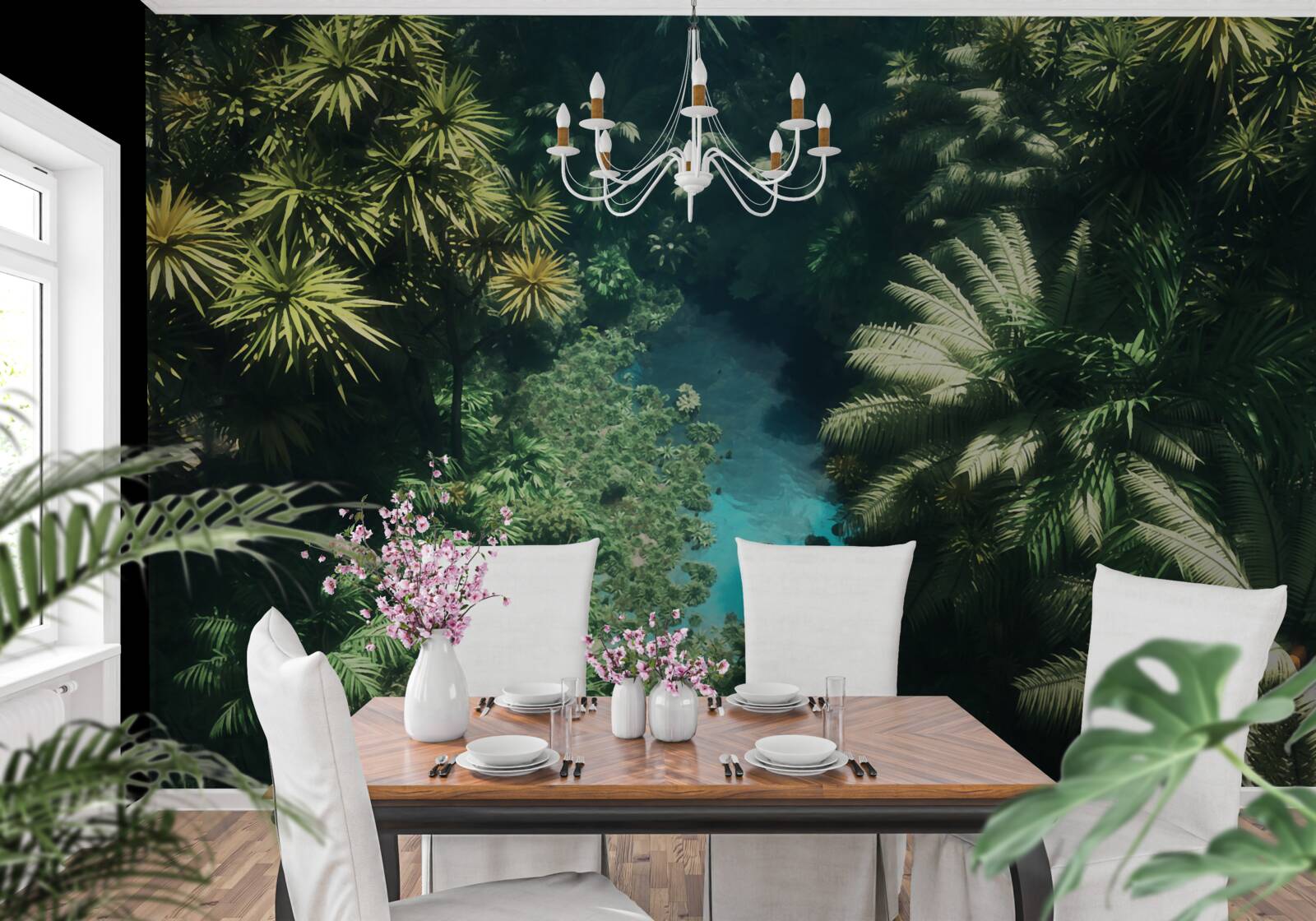 Fotobehang nachthemel met tropische planten