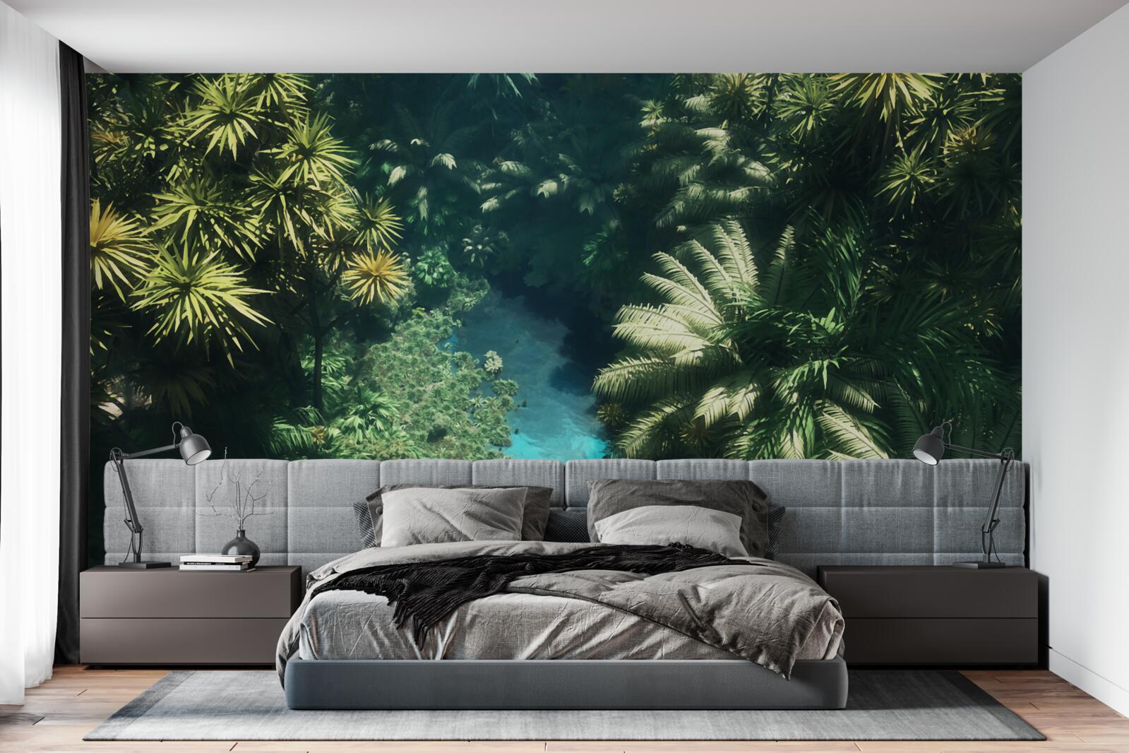 Fotobehang nachthemel met tropische planten