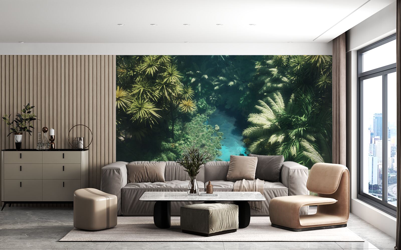 Fotobehang nachthemel met tropische planten