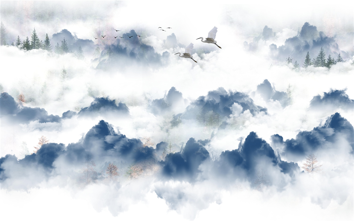 Fotobehang gevederde wezens vliegen over mistige toppen van bergketens