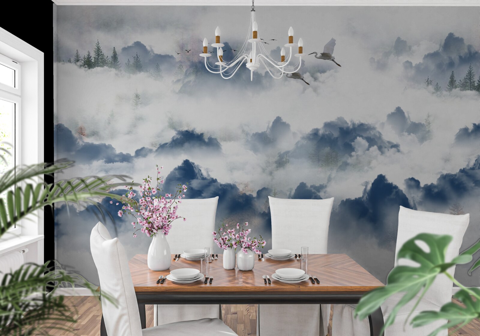 Fotobehang gevederde wezens vliegen over mistige toppen van bergketens