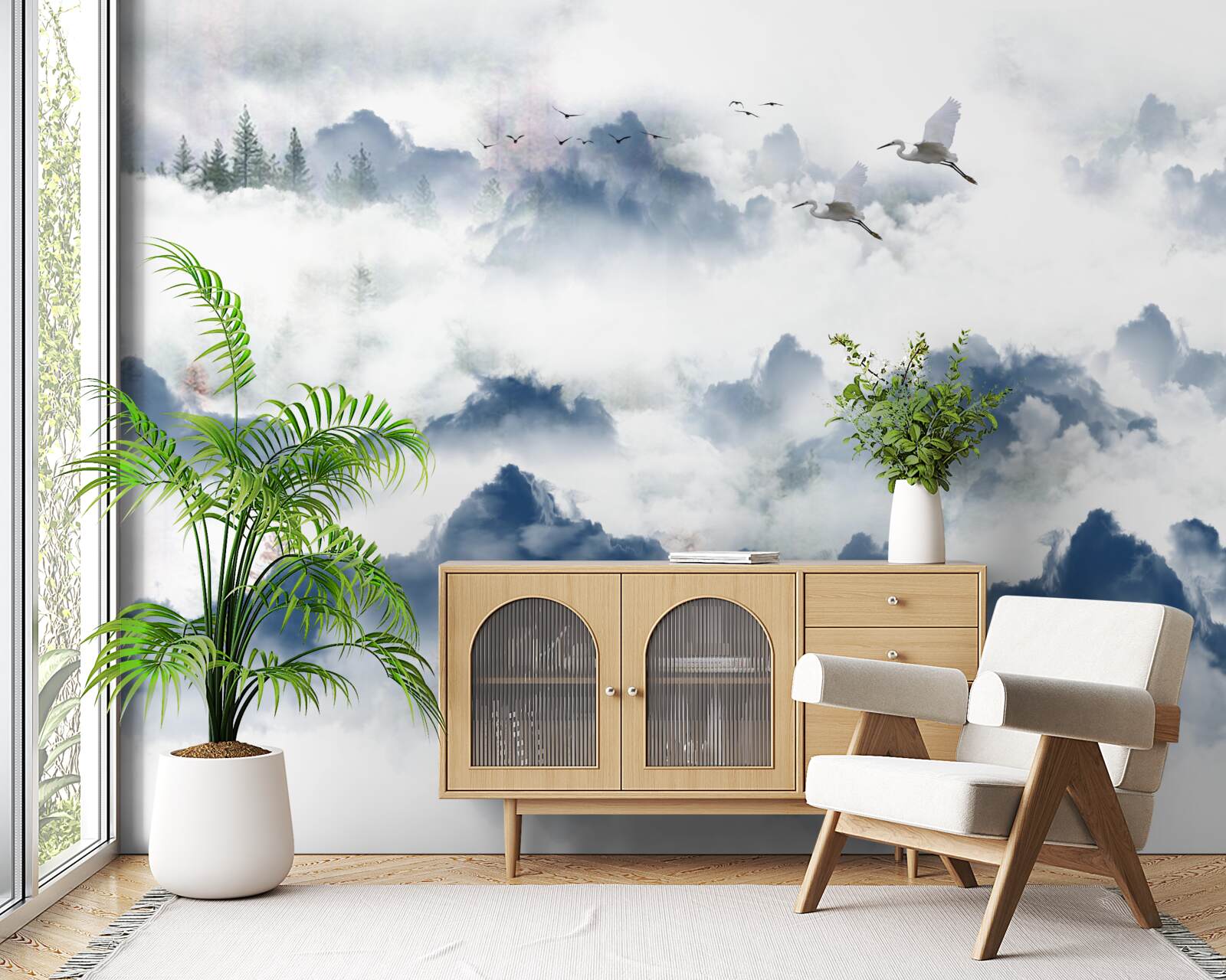 Fotobehang gevederde wezens vliegen over mistige toppen van bergketens